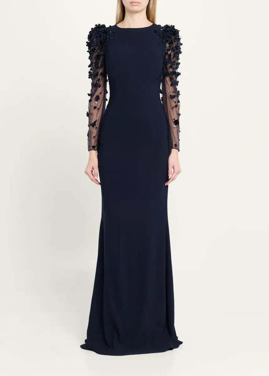 Rickie Freeman for Teri Jon Tulle-Sleeve Floral Applique Crepe Gown | Thumbnail 2 Rickie Freeman for Teri Jon Tulle-Sleeve Floral Applique Crepe Gown | Thumbnail 2
