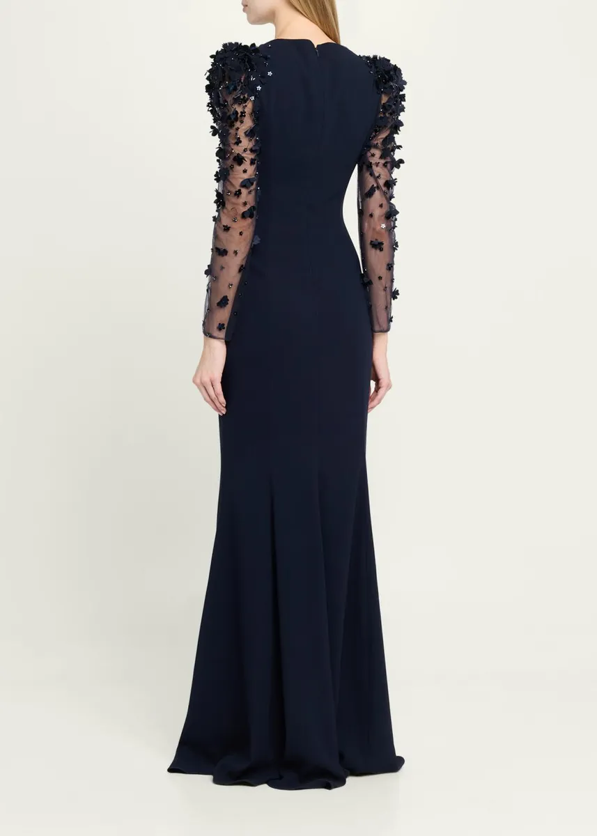 Rickie Freeman for Teri Jon Tulle-Sleeve Floral Applique Crepe Gown | Thumbnail 3 Rickie Freeman for Teri Jon Tulle-Sleeve Floral Applique Crepe Gown | Thumbnail 3
