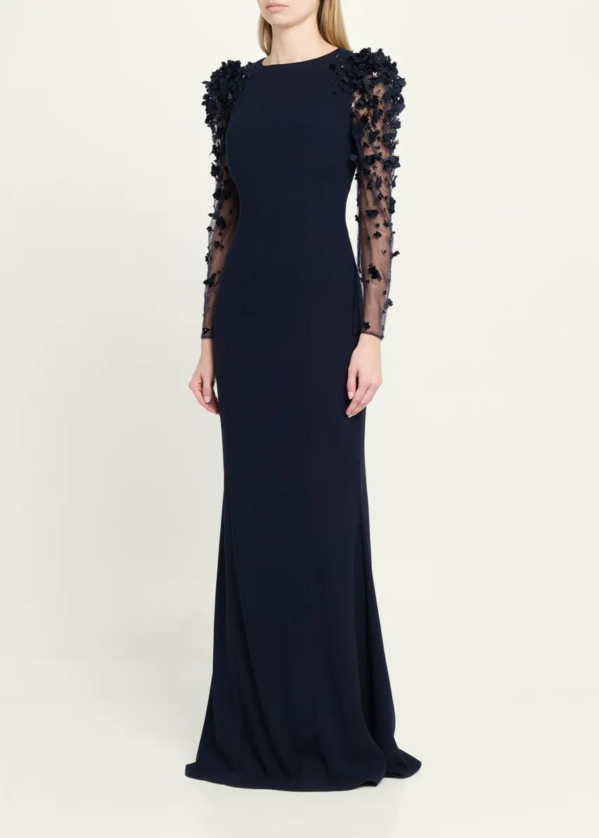 Rickie Freeman for Teri Jon Tulle-Sleeve Floral Applique Crepe Gown | Thumbnail 4 Rickie Freeman for Teri Jon Tulle-Sleeve Floral Applique Crepe Gown | Thumbnail 4