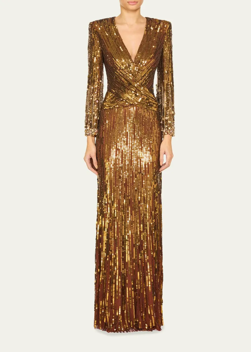 Jenny Packham Cosmos Long-Sleeve V-Neck Sequin Gown | Thumbnail 2