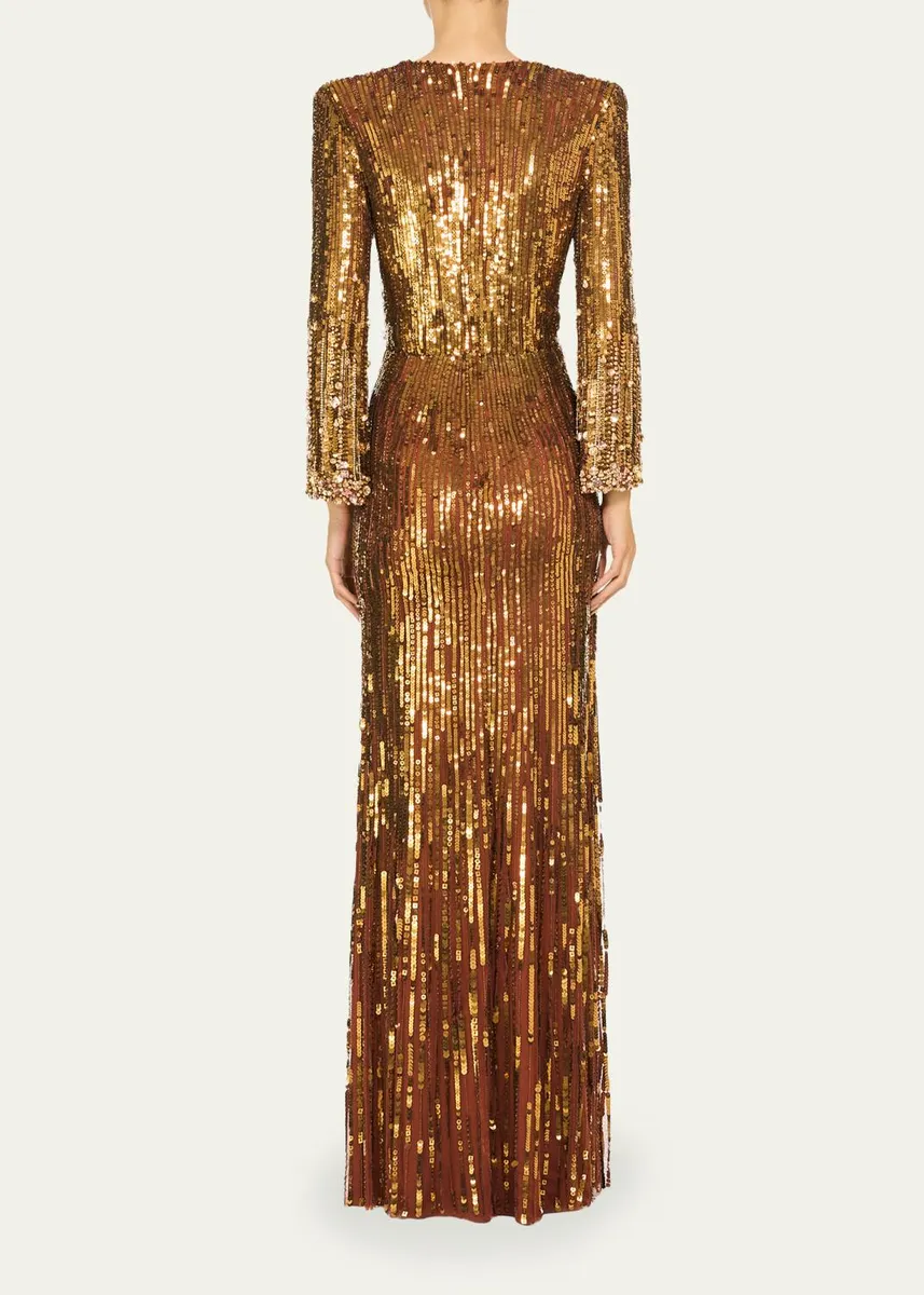 Jenny Packham Cosmos Long-Sleeve V-Neck Sequin Gown | Thumbnail 3