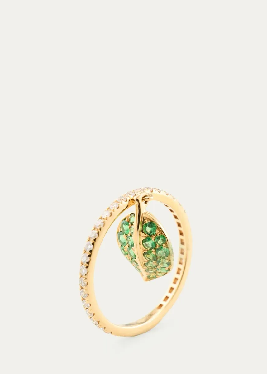 Mio Harutaka 18K Yellow Gold Tsavorite Leaf Pendant Ring with Diamonds | Thumbnail 3