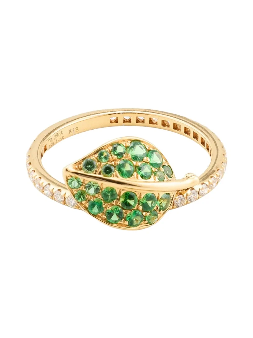 18K Yellow Gold Tsavorite Leaf Pendant Ring with Diamonds