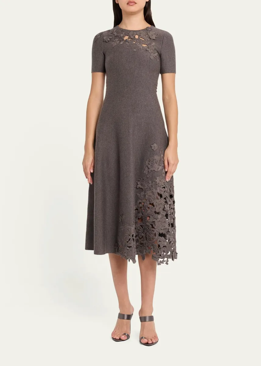 Oscar de la Renta Short-Sleeve Lace-Inset Wool Knit Midi Dress | Thumbnail 2 Oscar de la Renta Short-Sleeve Lace-Inset Wool Knit Midi Dress | Thumbnail 2
