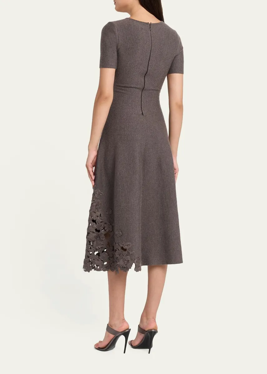 Oscar de la Renta Short-Sleeve Lace-Inset Wool Knit Midi Dress | Thumbnail 3 Oscar de la Renta Short-Sleeve Lace-Inset Wool Knit Midi Dress | Thumbnail 3