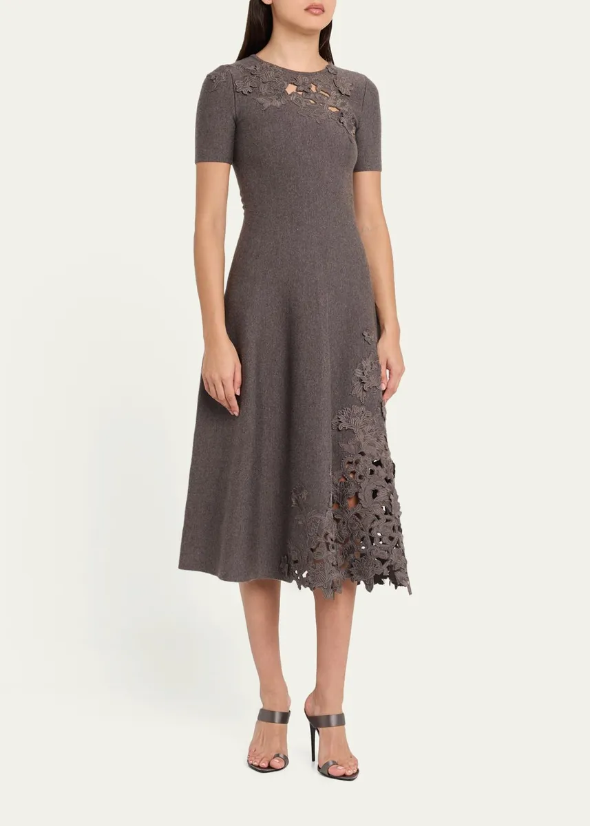 Oscar de la Renta Short-Sleeve Lace-Inset Wool Knit Midi Dress | Thumbnail 4 Oscar de la Renta Short-Sleeve Lace-Inset Wool Knit Midi Dress | Thumbnail 4