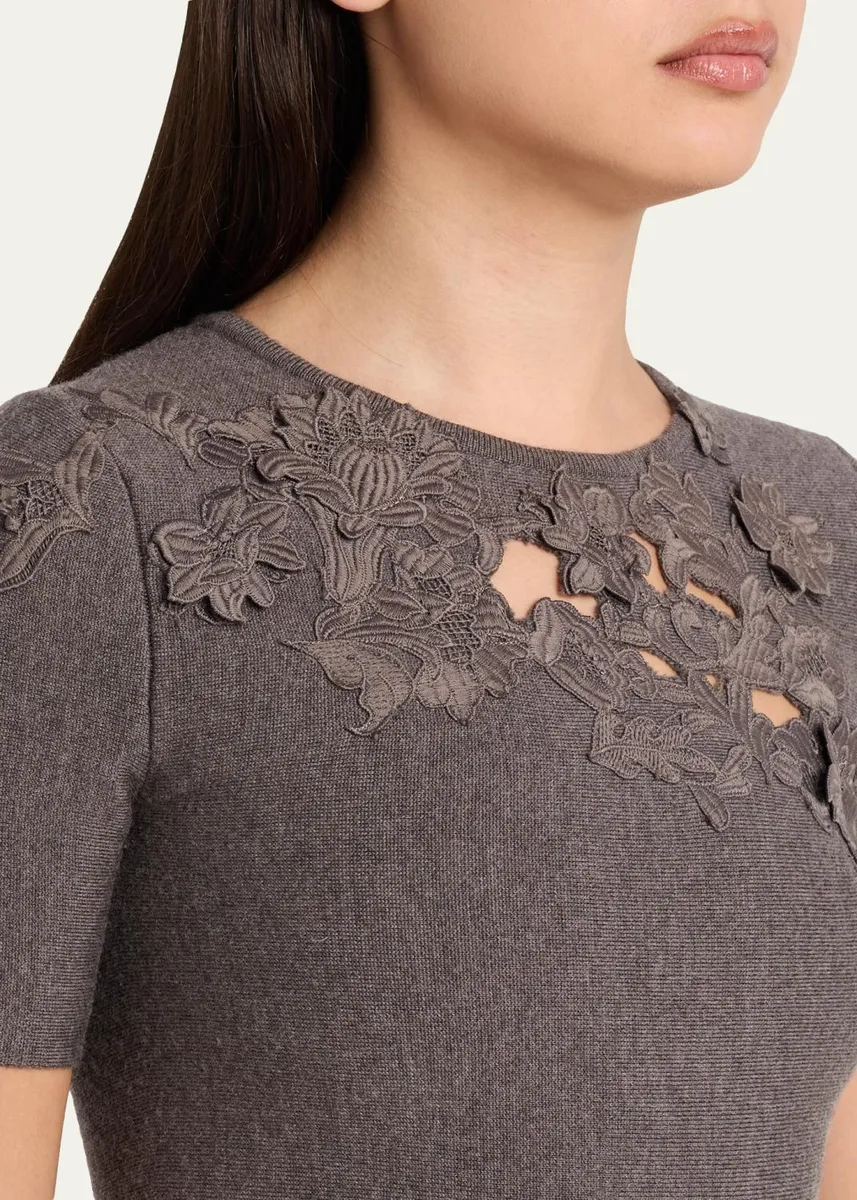Oscar de la Renta Short-Sleeve Lace-Inset Wool Knit Midi Dress | Thumbnail 5 Oscar de la Renta Short-Sleeve Lace-Inset Wool Knit Midi Dress | Thumbnail 5