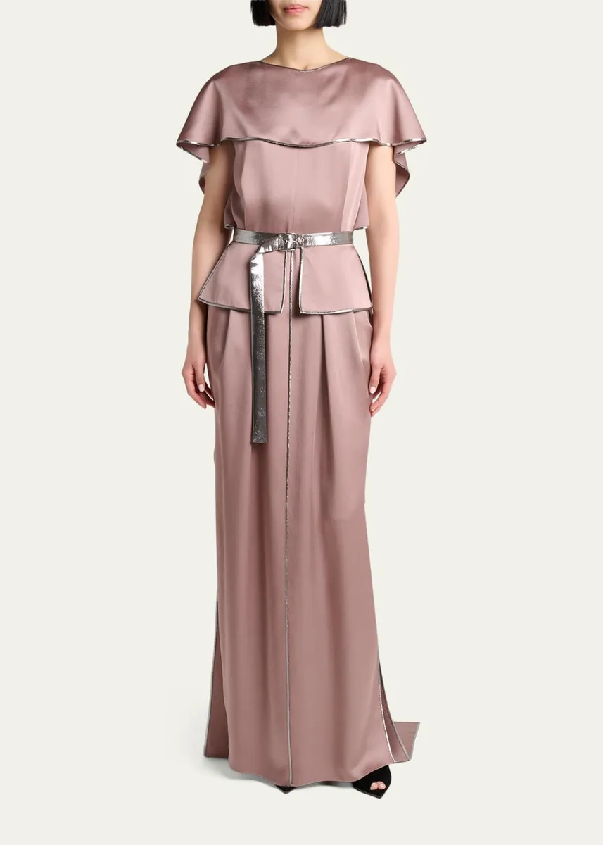 Lanvin Capelet-Sleeve Metallic Belted Satin Maxi Dress | Thumbnail 2 Lanvin Capelet-Sleeve Metallic Belted Satin Maxi Dress | Thumbnail 2