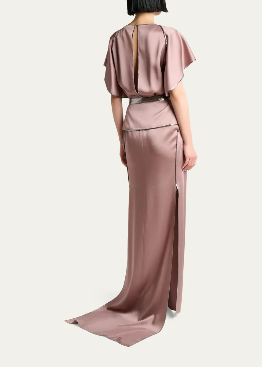 Lanvin Capelet-Sleeve Metallic Belted Satin Maxi Dress | Thumbnail 3 Lanvin Capelet-Sleeve Metallic Belted Satin Maxi Dress | Thumbnail 3