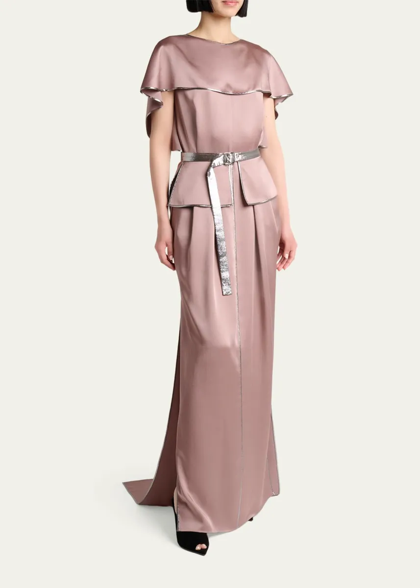 Lanvin Capelet-Sleeve Metallic Belted Satin Maxi Dress | Thumbnail 4 Lanvin Capelet-Sleeve Metallic Belted Satin Maxi Dress | Thumbnail 4