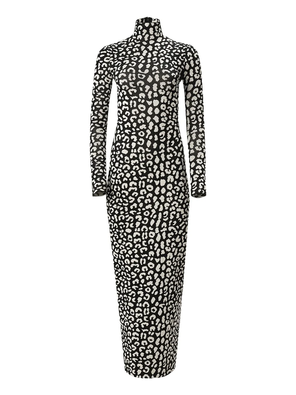 Long-Sleeve Leopard Maxi Turtleneck Dress
