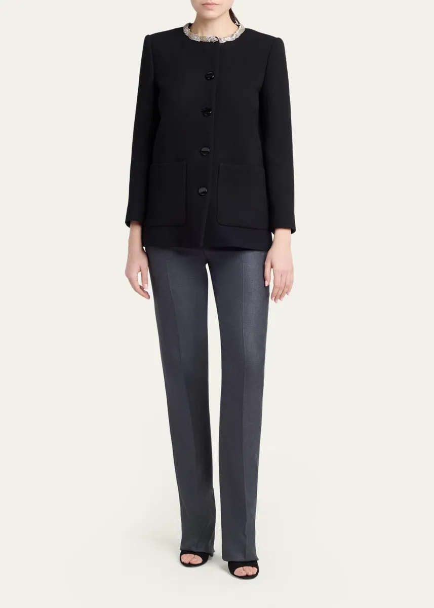 Valentino Garavani Crystal Embroidered Collarless Single-Breasted Coat | Thumbnail 2 Valentino Garavani Crystal Embroidered Collarless Single-Breasted Coat | Thumbnail 2