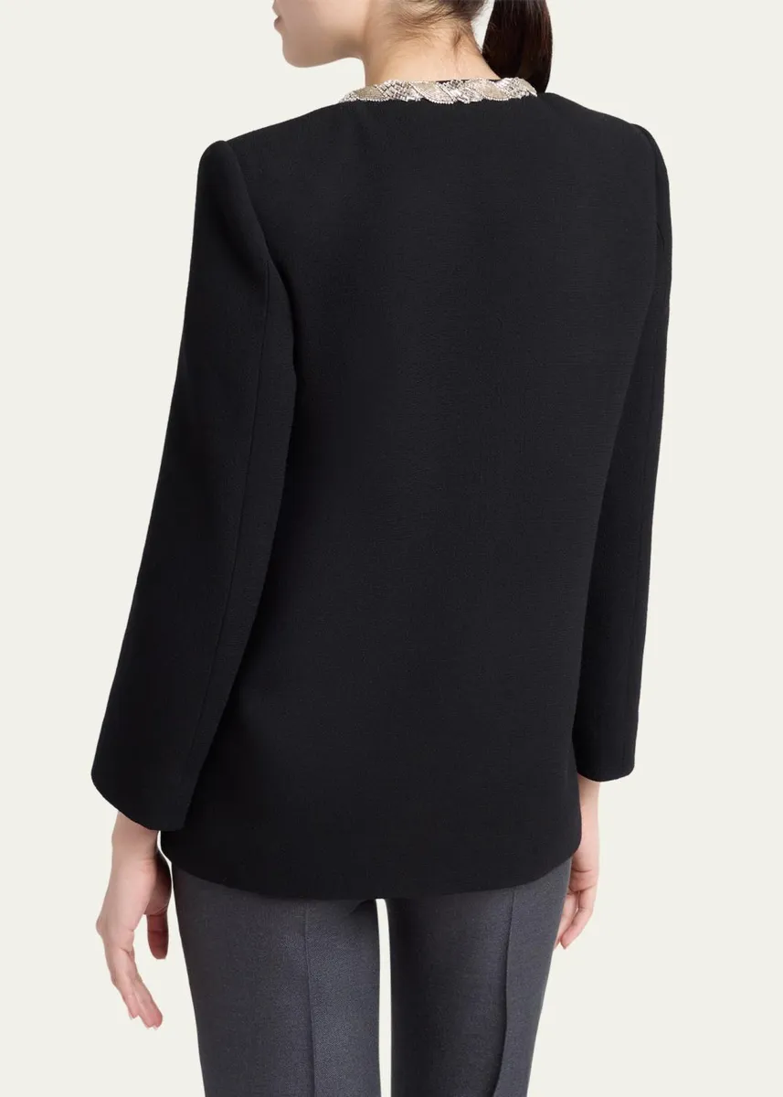 Valentino Garavani Crystal Embroidered Collarless Single-Breasted Coat | Thumbnail 3 Valentino Garavani Crystal Embroidered Collarless Single-Breasted Coat | Thumbnail 3