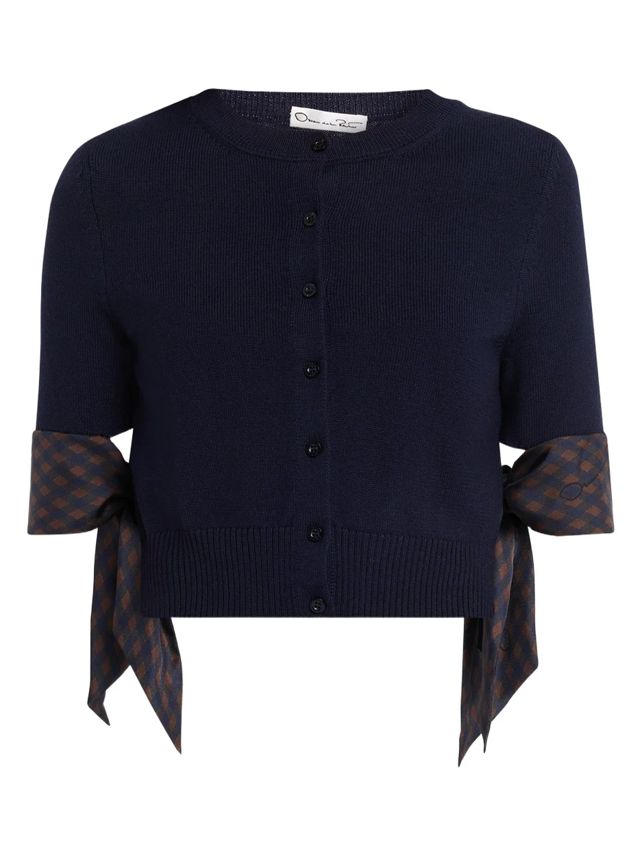 Argyle Silk Cuffs Crop Crewneck Cardigan