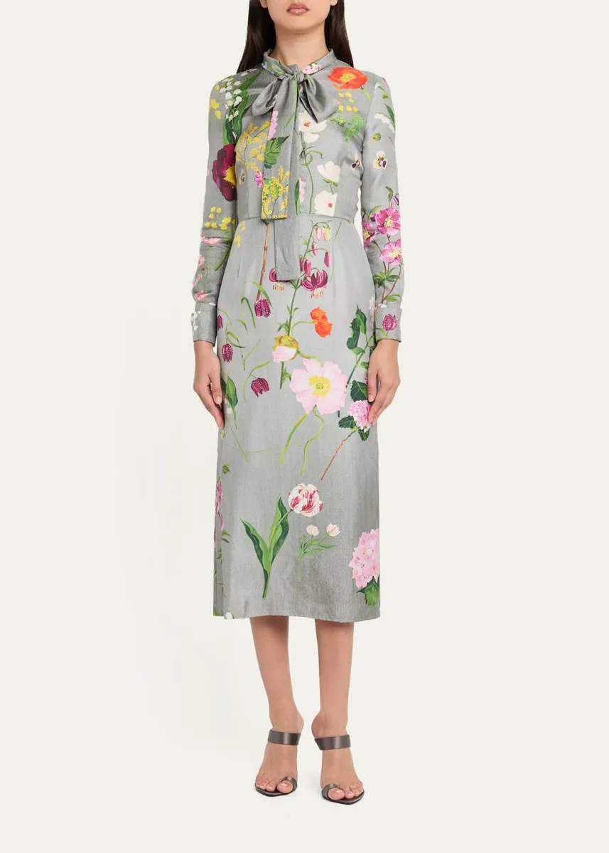 Oscar de la Renta Long-Sleeve Mixed Botanical Silk Scarf-Neck Midi Dress | Thumbnail 2 Oscar de la Renta Long-Sleeve Mixed Botanical Silk Scarf-Neck Midi Dress | Thumbnail 2