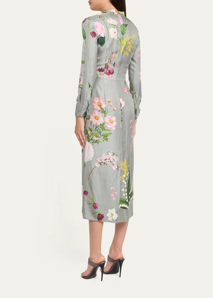 Oscar de la Renta Long-Sleeve Mixed Botanical Silk Scarf-Neck Midi Dress | Thumbnail 3 Oscar de la Renta Long-Sleeve Mixed Botanical Silk Scarf-Neck Midi Dress | Thumbnail 3