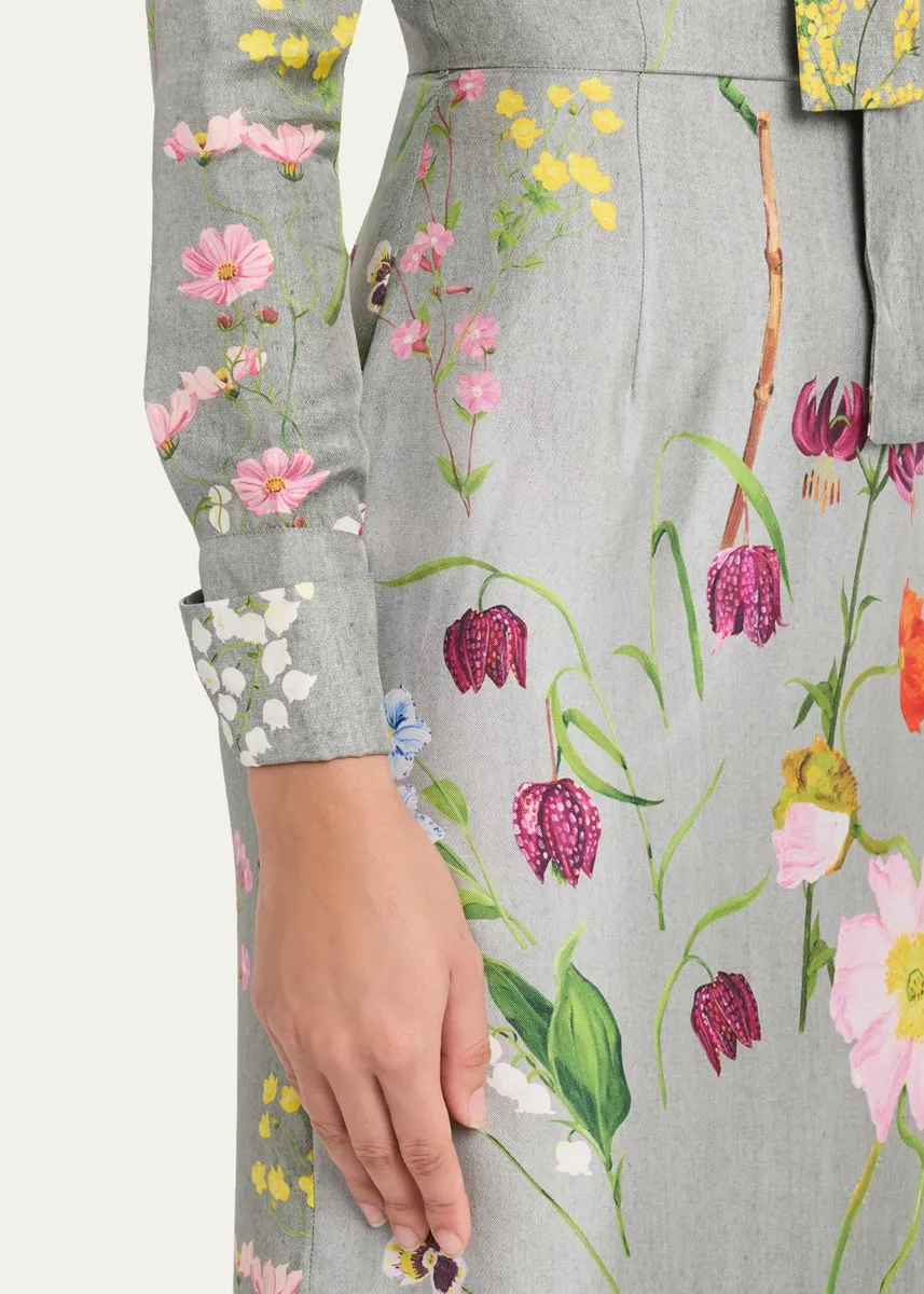 Oscar de la Renta Long-Sleeve Mixed Botanical Silk Scarf-Neck Midi Dress | Thumbnail 5 Oscar de la Renta Long-Sleeve Mixed Botanical Silk Scarf-Neck Midi Dress | Thumbnail 5