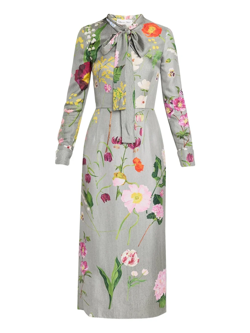 Long-Sleeve Mixed Botanical Silk Scarf-Neck Midi Dress