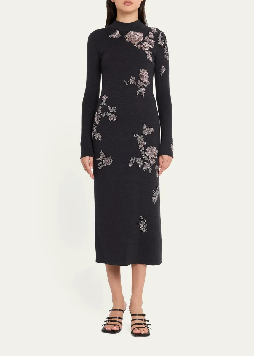Oscar de la Renta Floral Embroidered Knit Long-Sleeve Midi Dress | Thumbnail 2 Oscar de la Renta Floral Embroidered Knit Long-Sleeve Midi Dress | Thumbnail 2