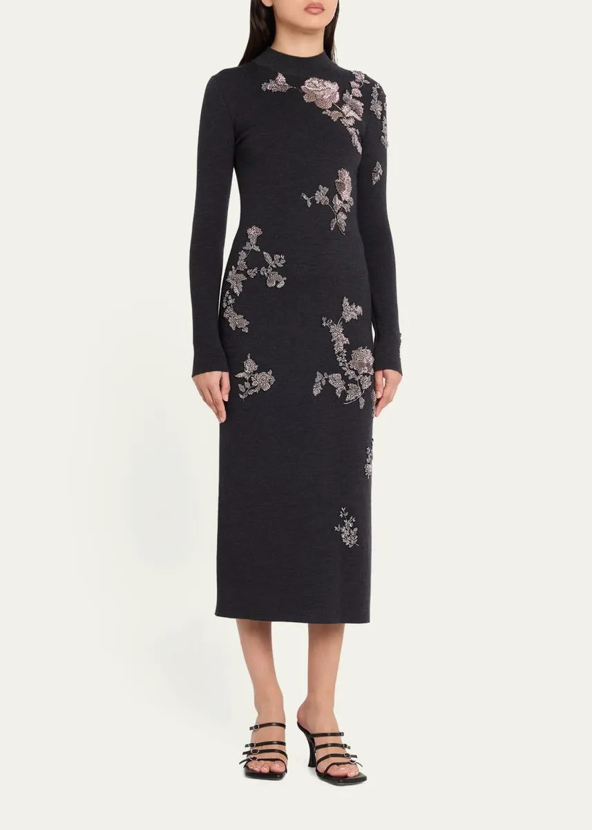 Oscar de la Renta Floral Embroidered Knit Long-Sleeve Midi Dress | Thumbnail 4 Oscar de la Renta Floral Embroidered Knit Long-Sleeve Midi Dress | Thumbnail 4