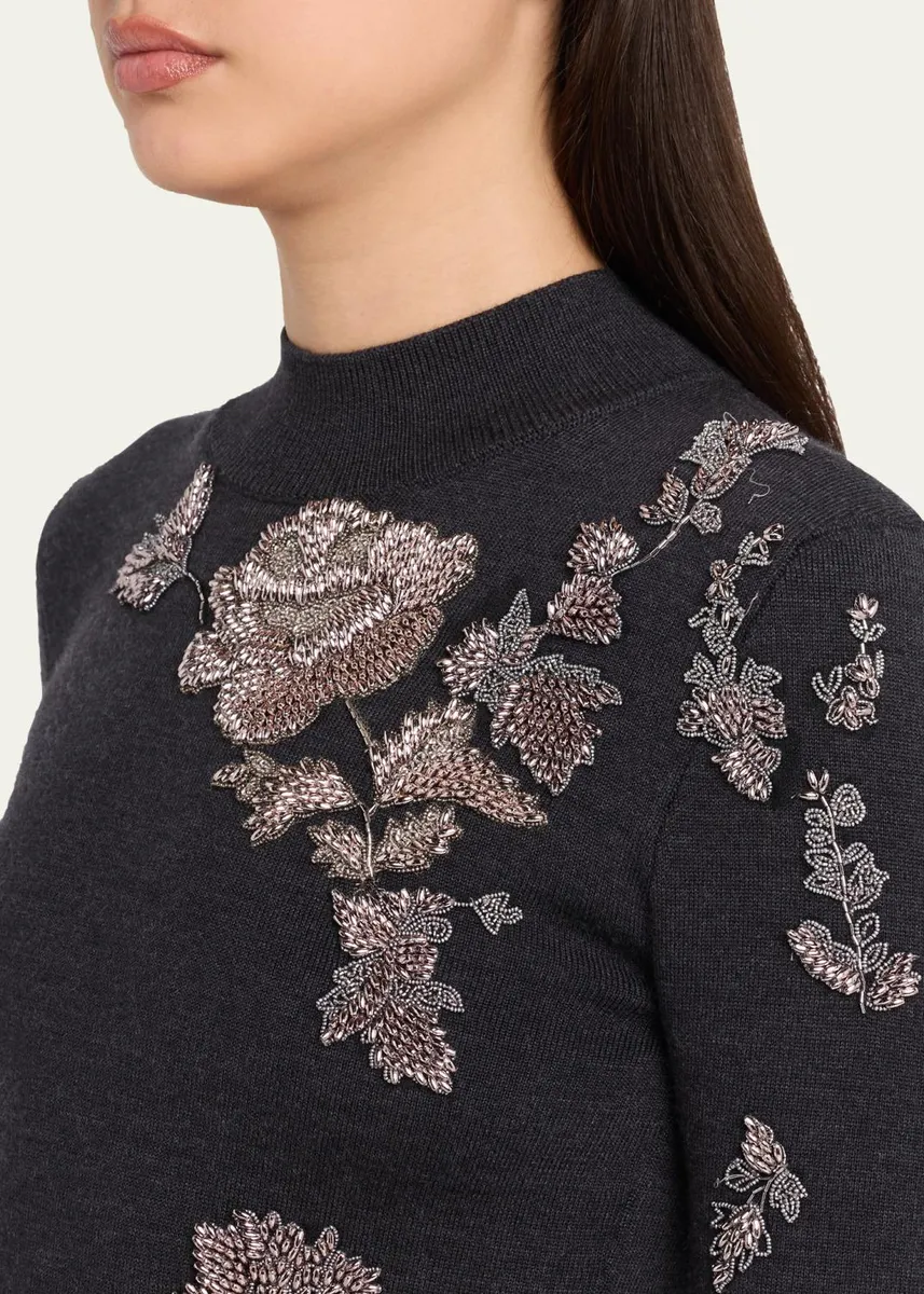 Oscar de la Renta Floral Embroidered Knit Long-Sleeve Midi Dress | Thumbnail 5 Oscar de la Renta Floral Embroidered Knit Long-Sleeve Midi Dress | Thumbnail 5