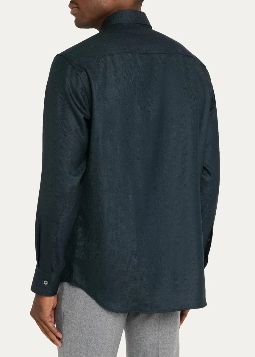 Brioni Men's Herringbone Wool Button-Front Shirt | Thumbnail 3 Brioni Men's Herringbone Wool Button-Front Shirt | Thumbnail 3
