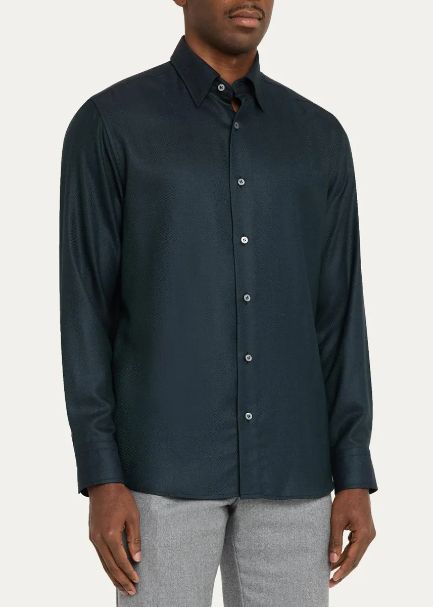 Brioni Men's Herringbone Wool Button-Front Shirt | Thumbnail 4 Brioni Men's Herringbone Wool Button-Front Shirt | Thumbnail 4