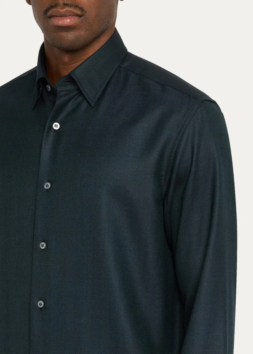 Brioni Men's Herringbone Wool Button-Front Shirt | Thumbnail 5 Brioni Men's Herringbone Wool Button-Front Shirt | Thumbnail 5