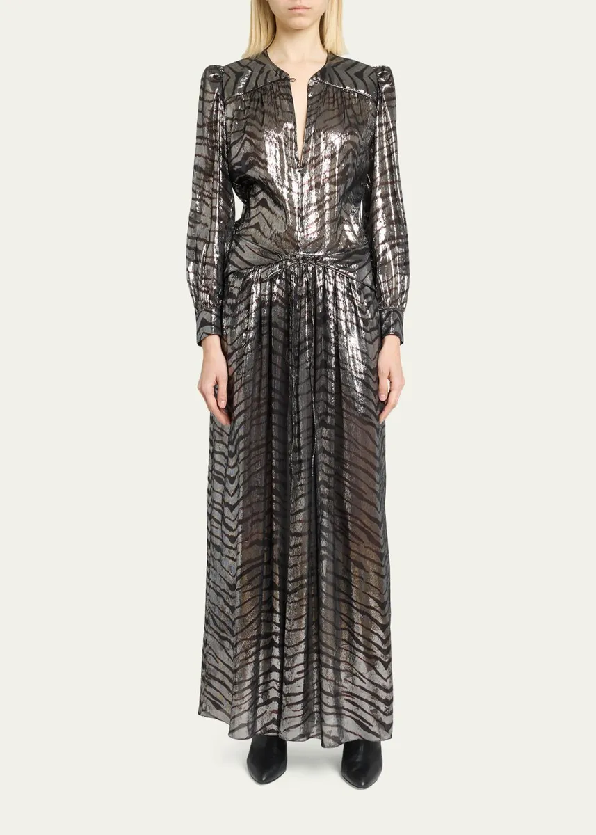 Isabel Marant Felby Metallic Tiger-Print Long-Sleeve Maxi Dress | Thumbnail 2