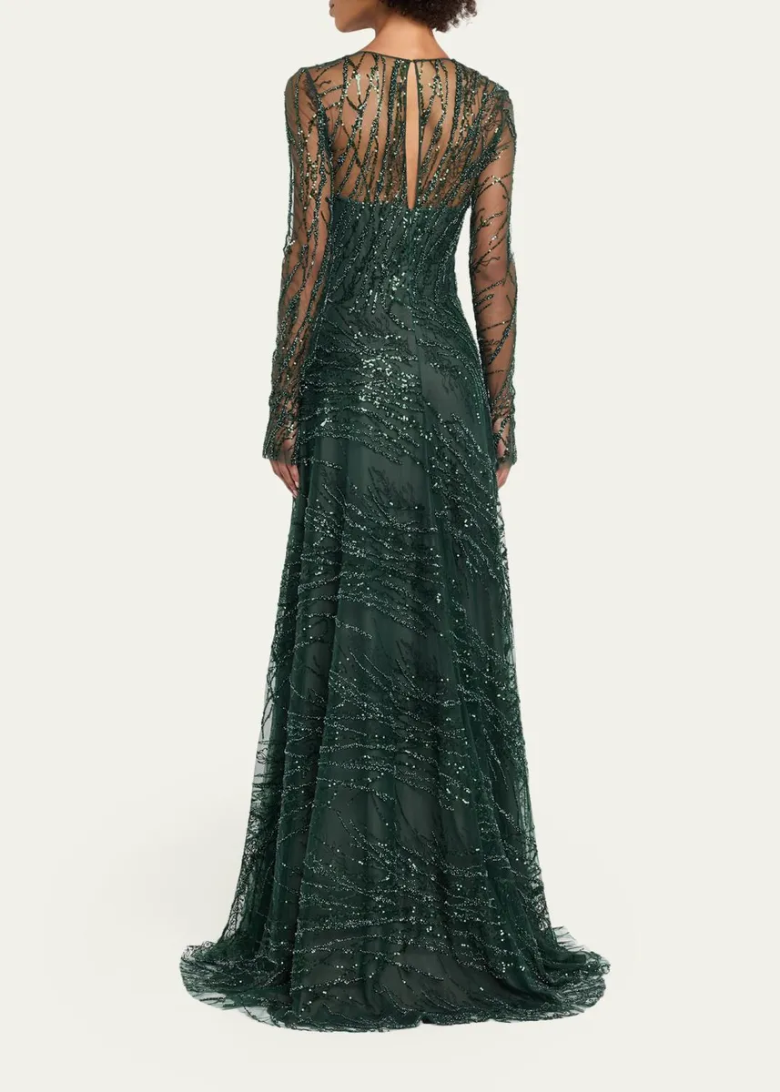 Naeem Khan Long-Sleeve Beaded Tulle A-Line Gown | Thumbnail 3
