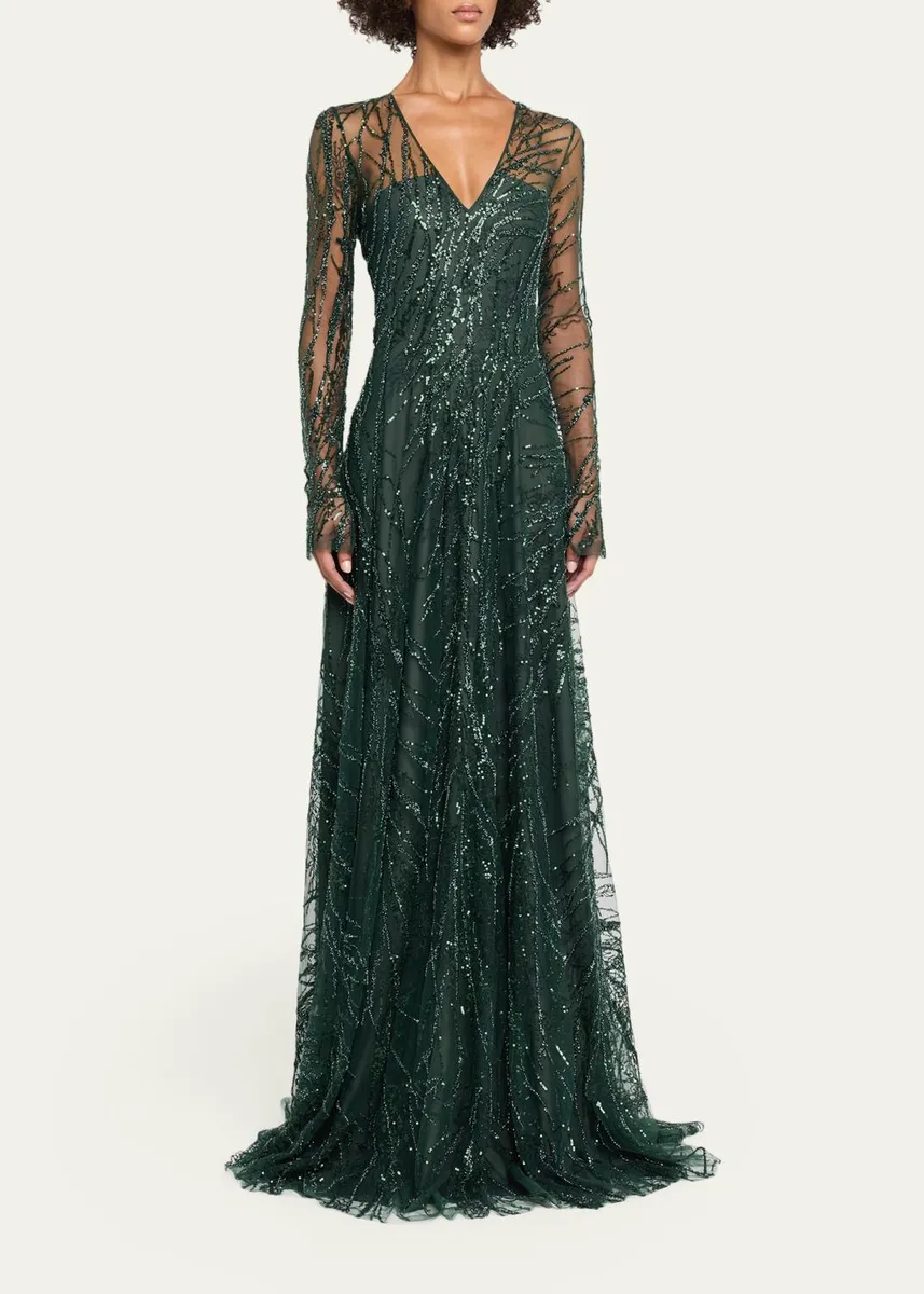 Naeem Khan Long-Sleeve Beaded Tulle A-Line Gown | Thumbnail 4