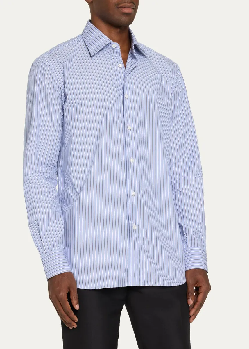 Brioni Men's Cotton Stripe Button-Front Shirt | Thumbnail 4