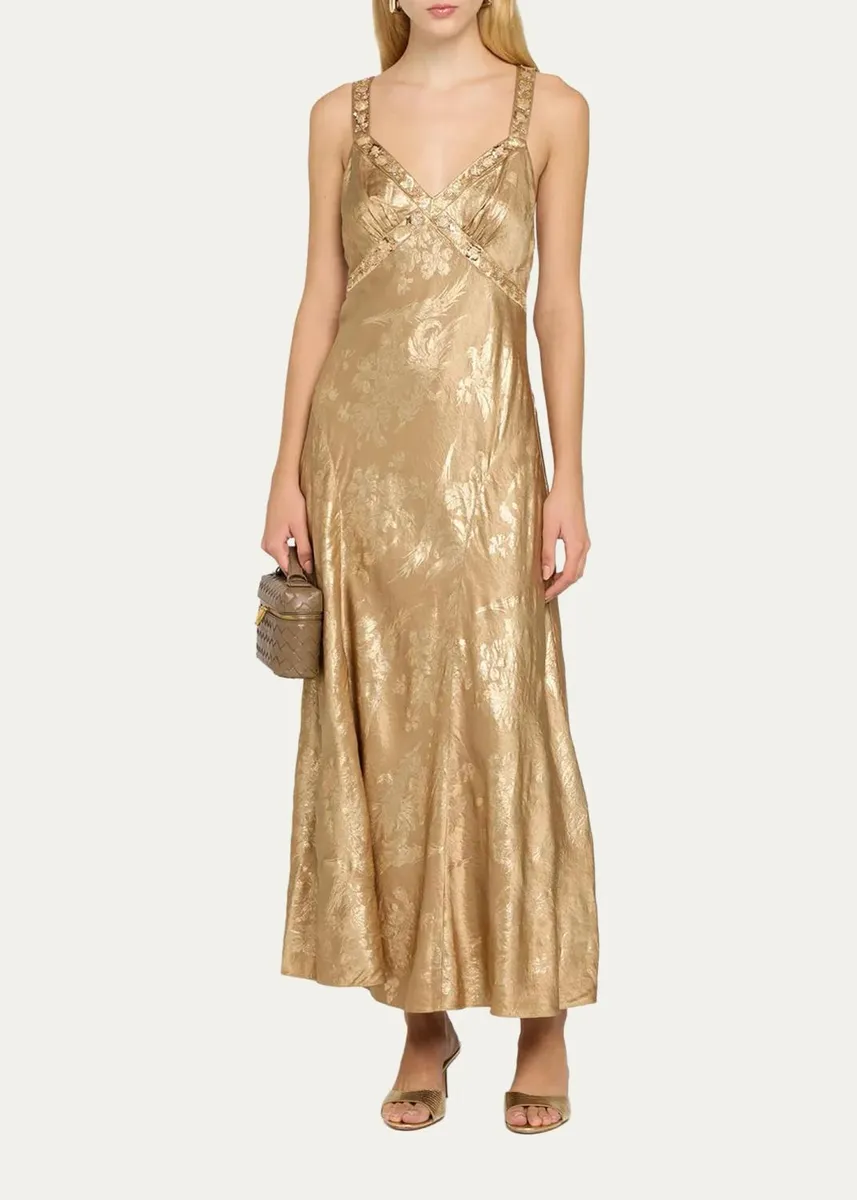 Cinq à Sept Thalie Gilded Peony Jacquard Embellished Sleeveless Midi Dress | Thumbnail 2
