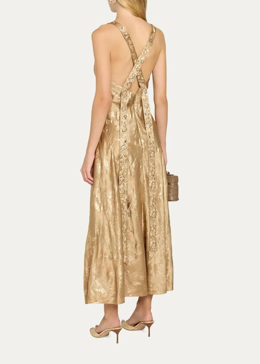 Cinq à Sept Thalie Gilded Peony Jacquard Embellished Sleeveless Midi Dress | Thumbnail 3