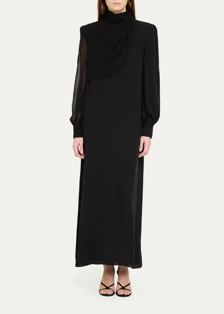Valentino Garavani Mock-Neck Draped Silk Georgette Long-Sleeve Maxi Dress | Thumbnail 2