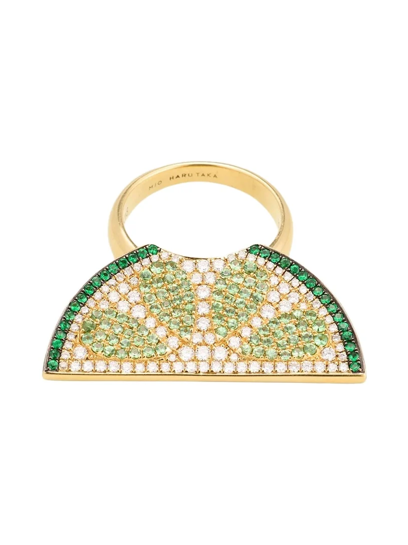 18K Yellow Gold Diamond and Tsavorite Lime Ring