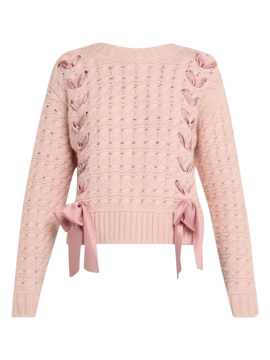 LoveShackFancy Quimby Ribbon Lace-Up Pullover Sweater