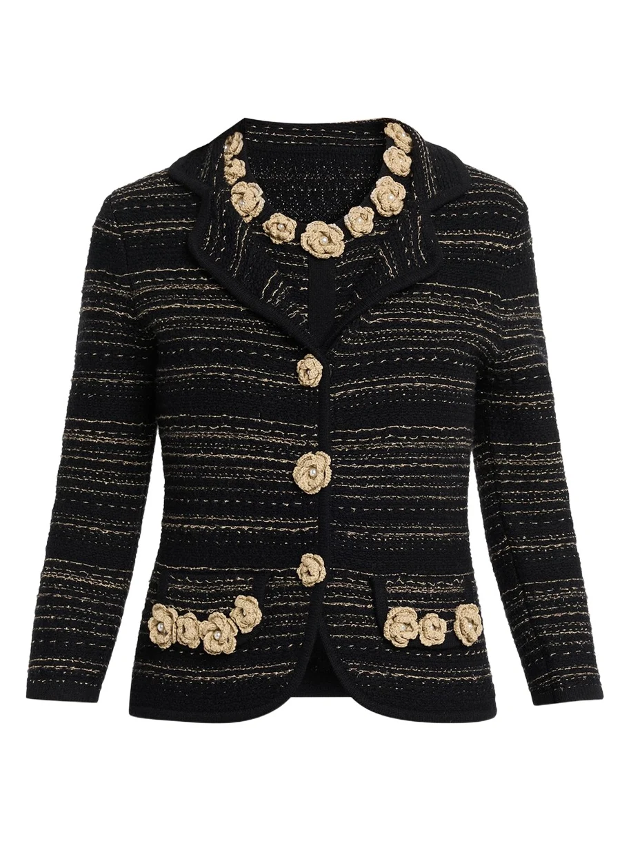 Crochet Floral Applique Striped Knit Jacket