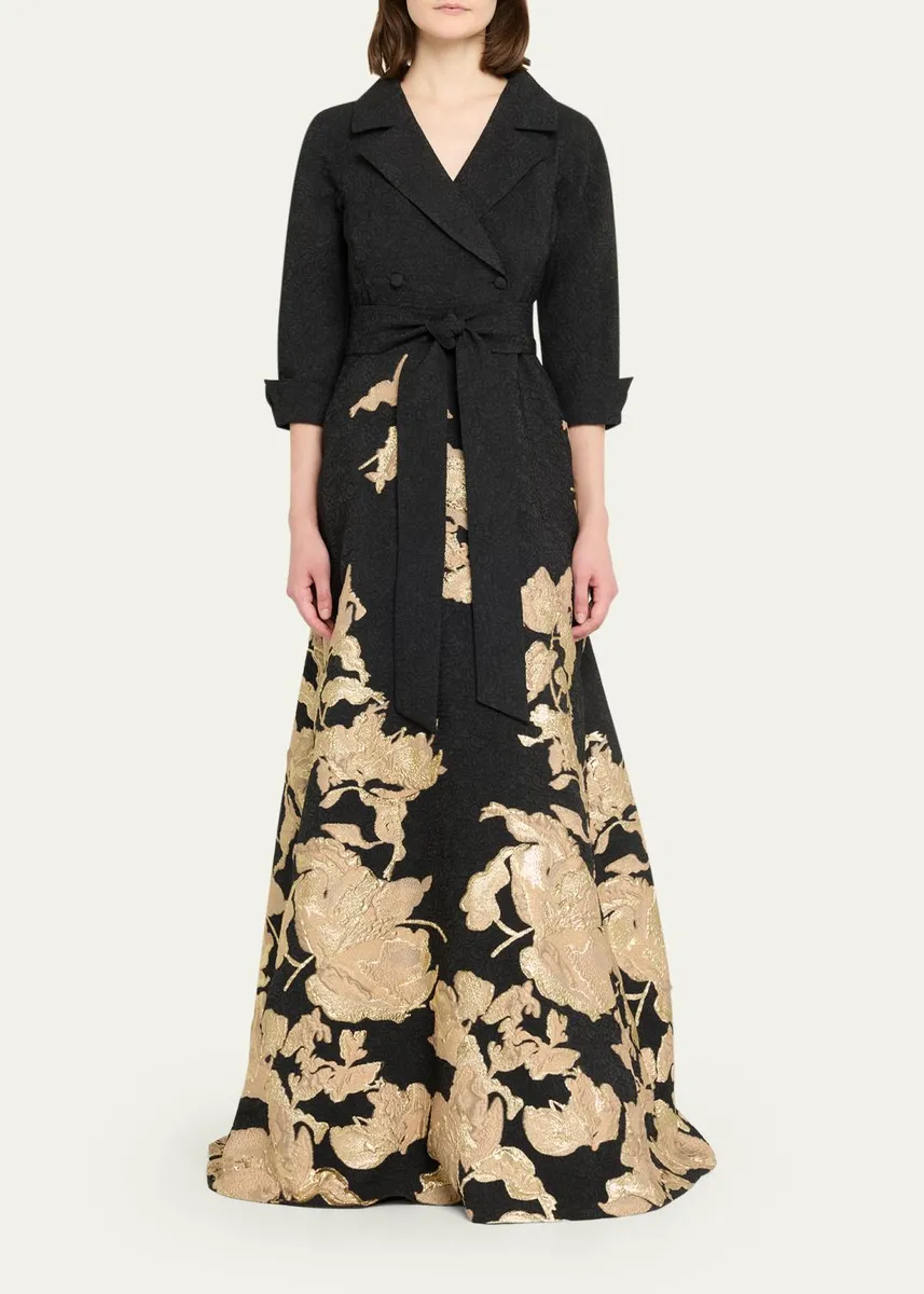Rickie Freeman for Teri Jon Metallic Floral Jacquard Shirt Gown | Thumbnail 2