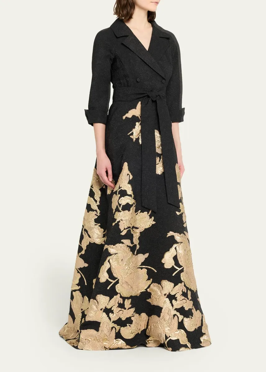 Rickie Freeman for Teri Jon Metallic Floral Jacquard Shirt Gown | Thumbnail 4