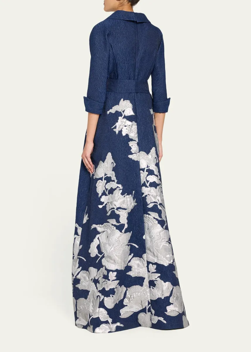 Rickie Freeman for Teri Jon Metallic Floral Jacquard Shirt Gown | Thumbnail 7