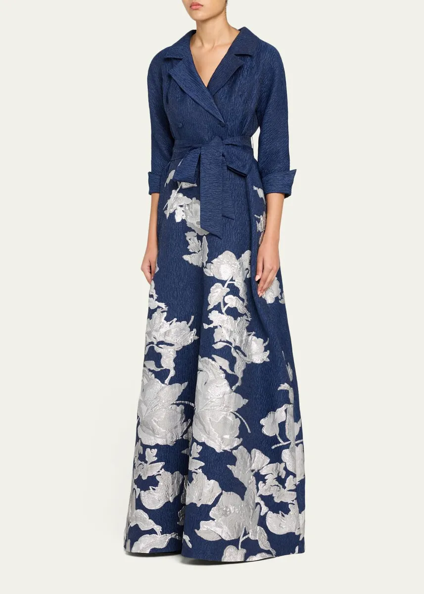 Rickie Freeman for Teri Jon Metallic Floral Jacquard Shirt Gown | Thumbnail 8