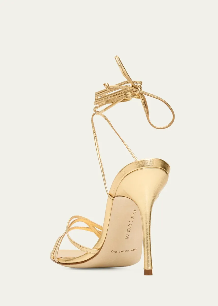 Manolo Blahnik 105mm Leva Metallic Leather Ankle-Tie Sandals | Thumbnail 2