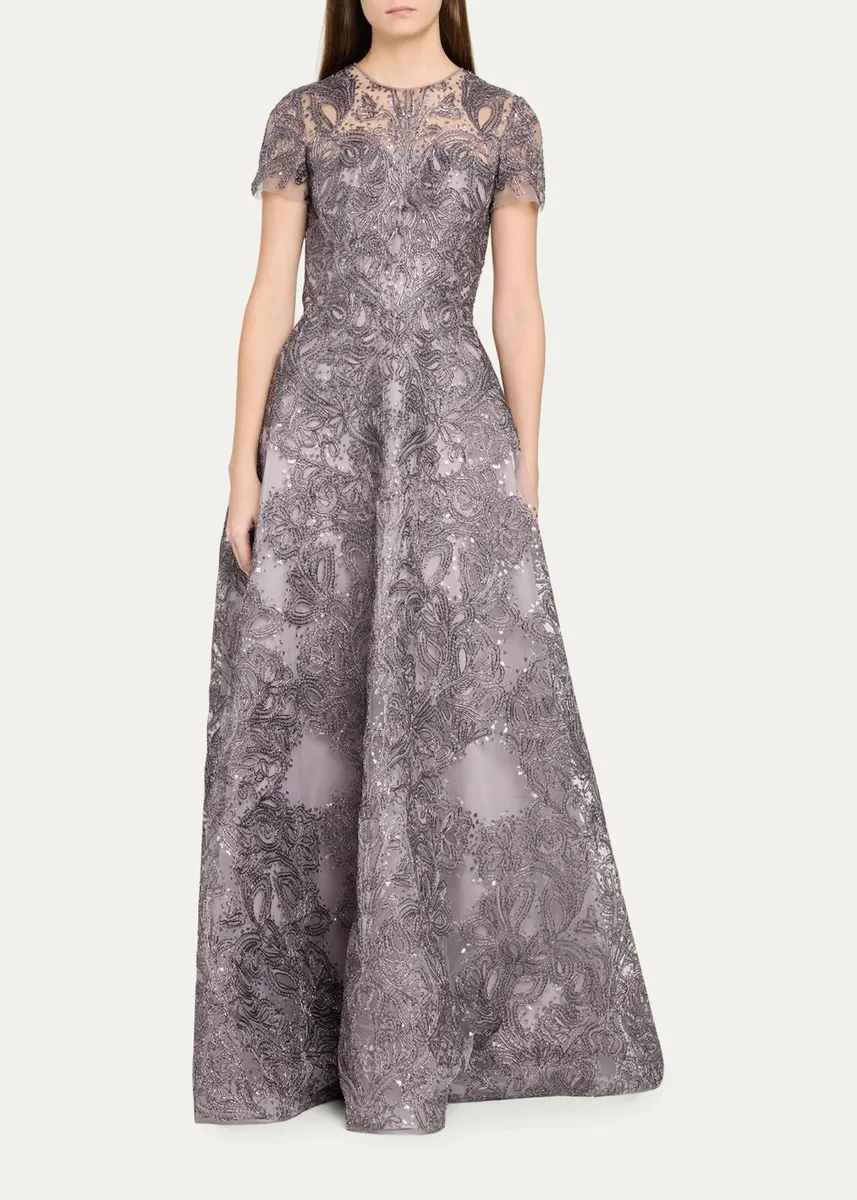 Naeem Khan Short-Sleeve Metallic Raffia Embroidered Gown | Thumbnail 2 Naeem Khan Short-Sleeve Metallic Raffia Embroidered Gown | Thumbnail 2
