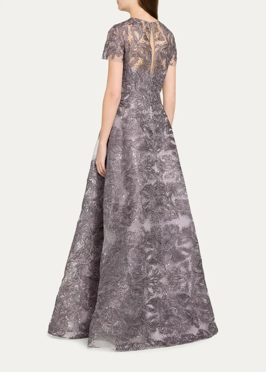 Naeem Khan Short-Sleeve Metallic Raffia Embroidered Gown | Thumbnail 3 Naeem Khan Short-Sleeve Metallic Raffia Embroidered Gown | Thumbnail 3