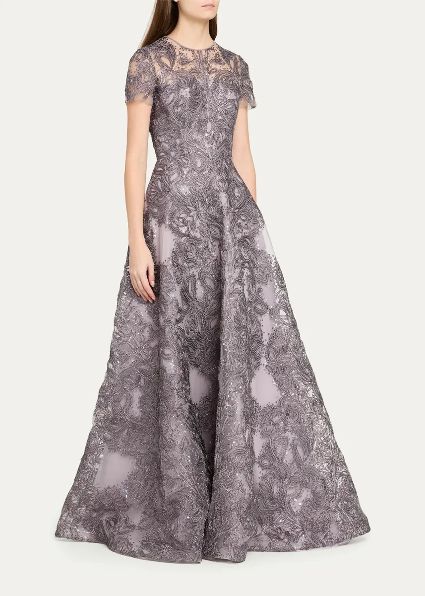 Naeem Khan Short-Sleeve Metallic Raffia Embroidered Gown | Thumbnail 4 Naeem Khan Short-Sleeve Metallic Raffia Embroidered Gown | Thumbnail 4