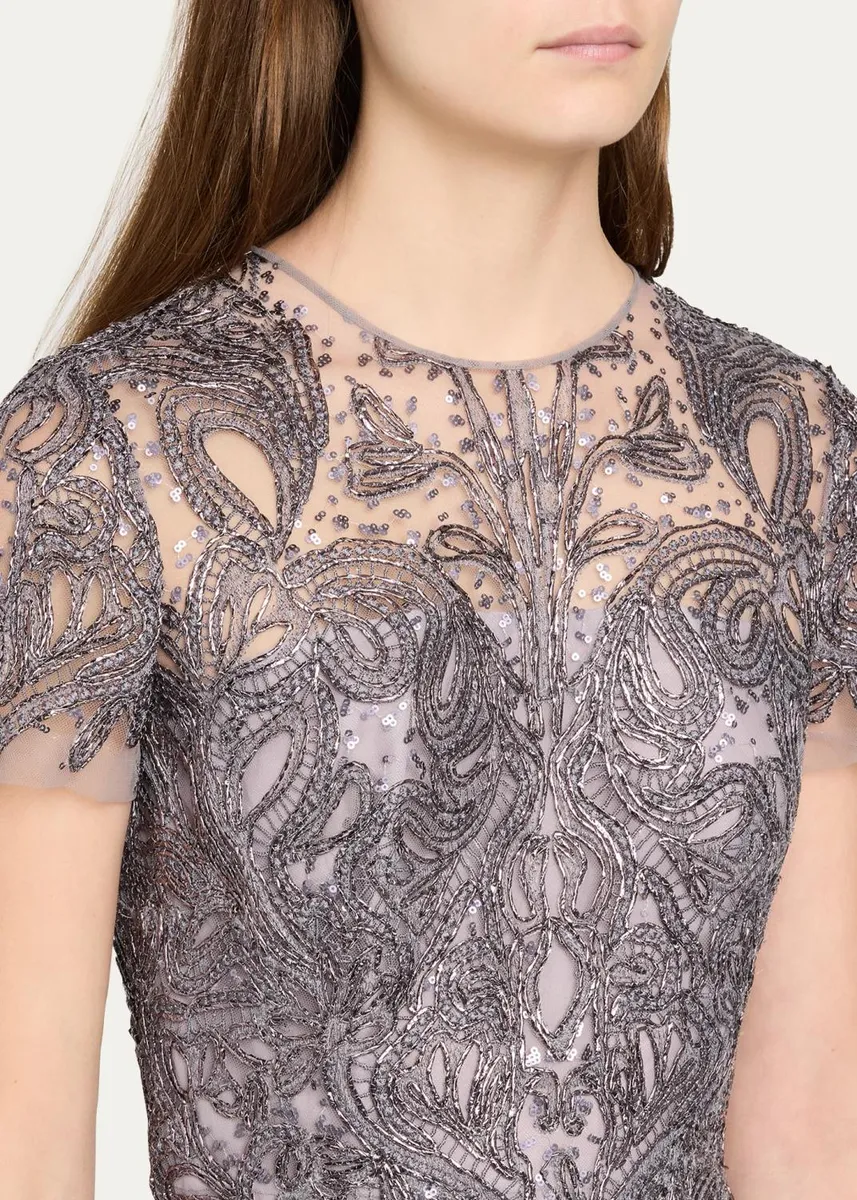 Naeem Khan Short-Sleeve Metallic Raffia Embroidered Gown | Thumbnail 5 Naeem Khan Short-Sleeve Metallic Raffia Embroidered Gown | Thumbnail 5