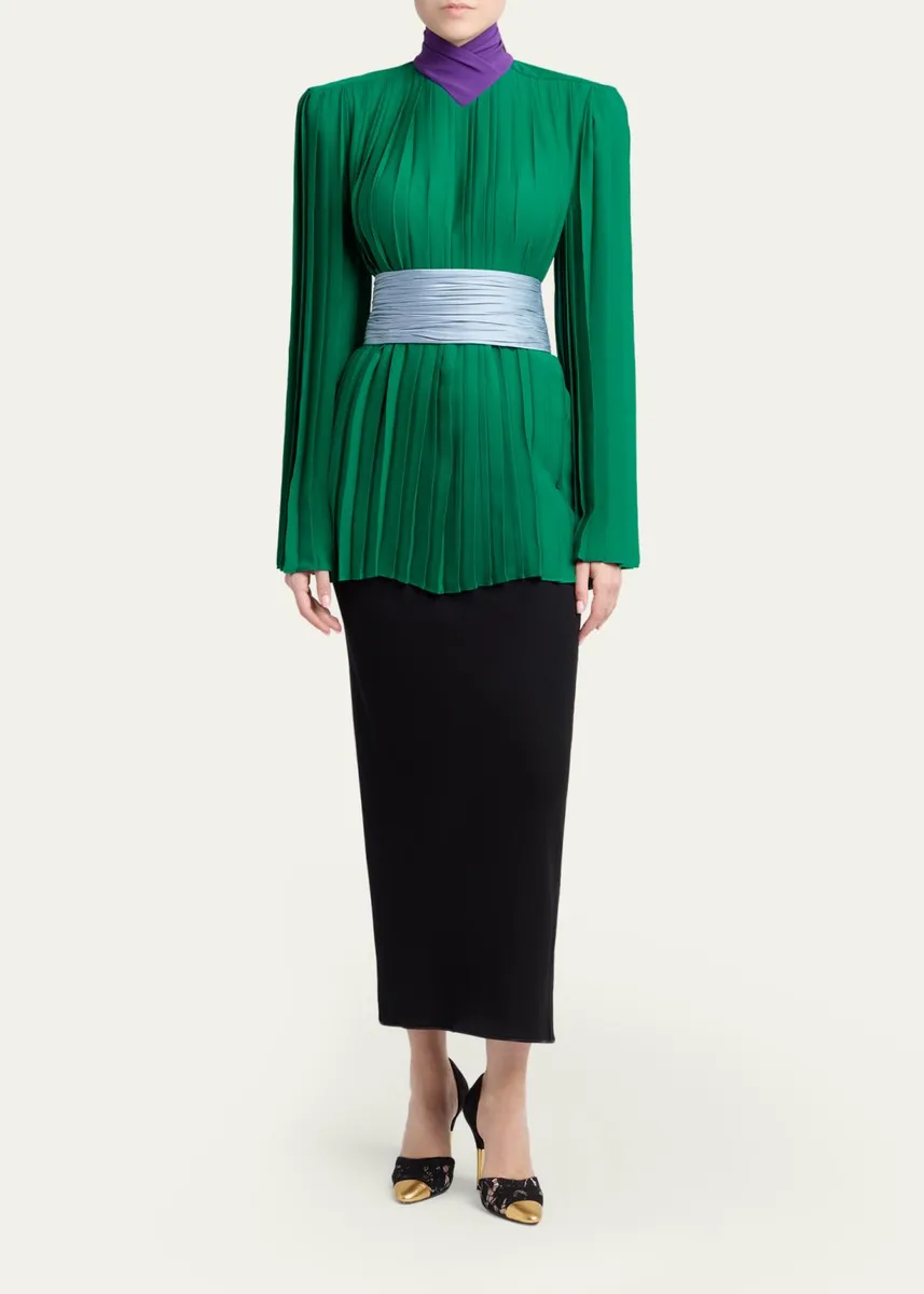 Valentino Garavani Mock-Neck Pleated Silk Long-Sleeve Top | Thumbnail 2 Valentino Garavani Mock-Neck Pleated Silk Long-Sleeve Top | Thumbnail 2