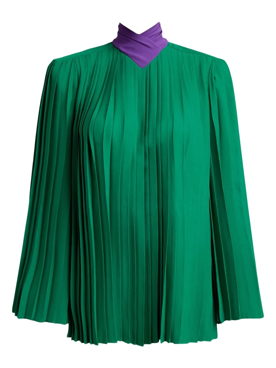 Valentino Garavani Mock-Neck Pleated Silk Long-Sleeve Top
