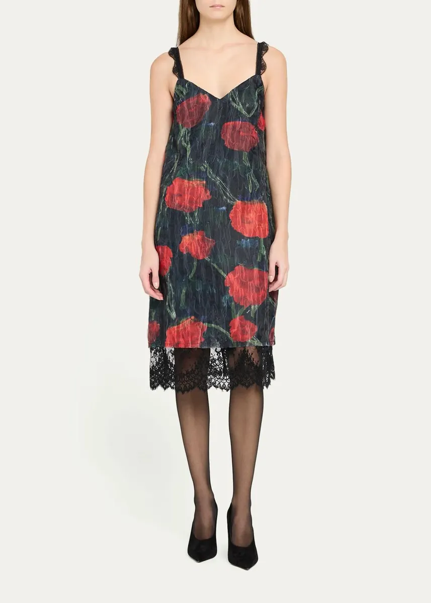 Willy Chavarria Fondo Floral-Print Sleeveless Lace-Trim Midi Slip Dress | Thumbnail 2